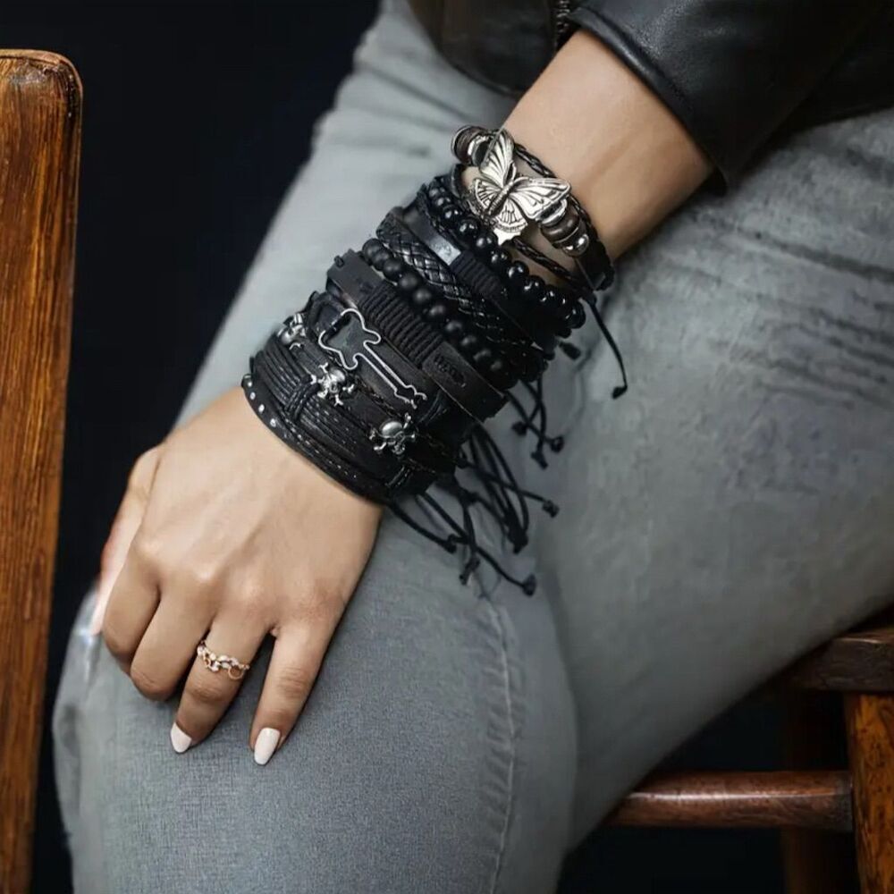Gothic Punk Skull & Butterfly  Bracelet Set Adjustable Band Rock Grunge